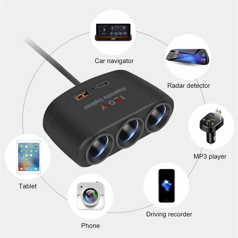 3 in 1 USB Type C Socket 120W Car Cigarette Lighter Splitter 12V 24V