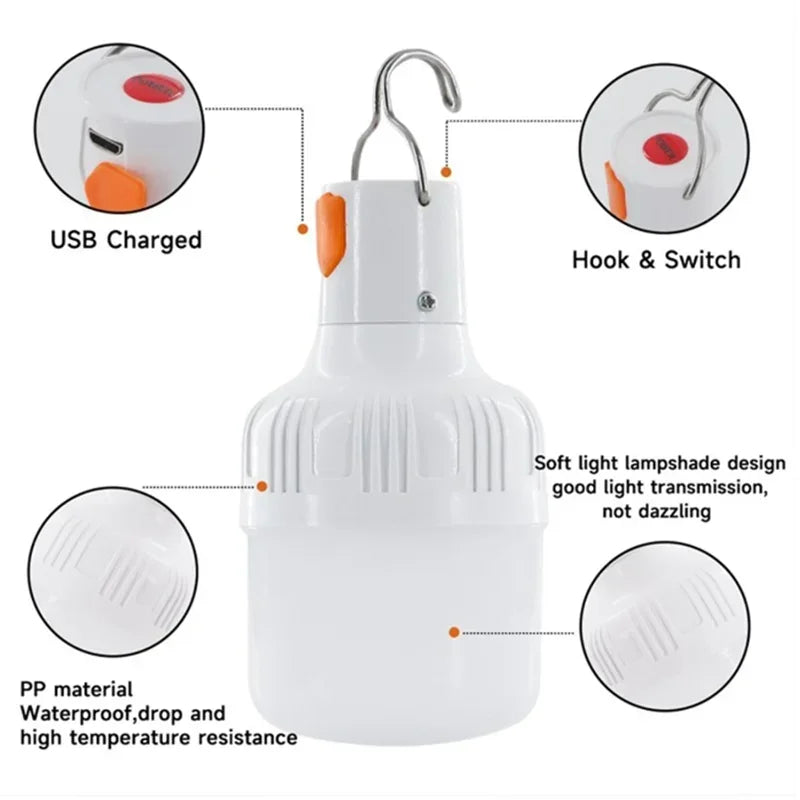 1PC Outdoor USB Rechargeable LED Lamp Bulbs 60W Emergency Light Hook
