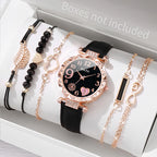 6PCS/Set Fashion Heart Dial Women's Watch Casual Leather Band Analog