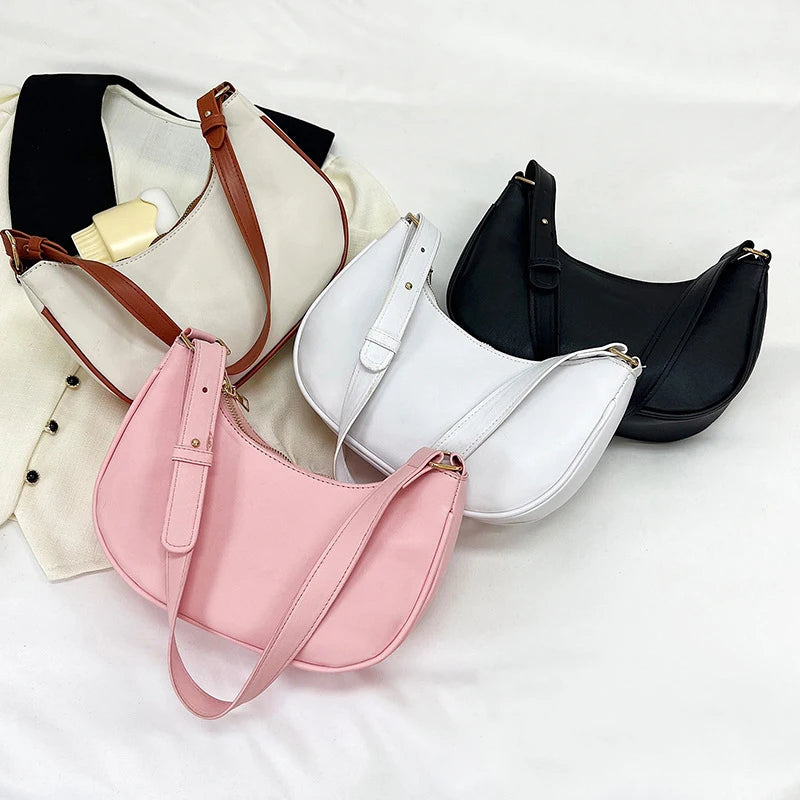 Womens Fashion Handbags Retro Solid Color Pu Leather Bag Half Simple