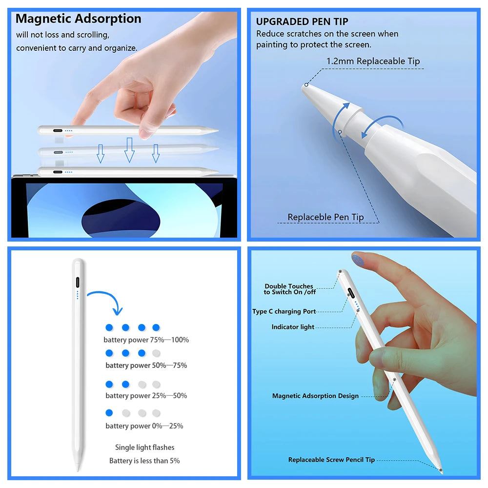 Stylus Pen For Apple Pencil with LED Power Indicators Palm Rejection
