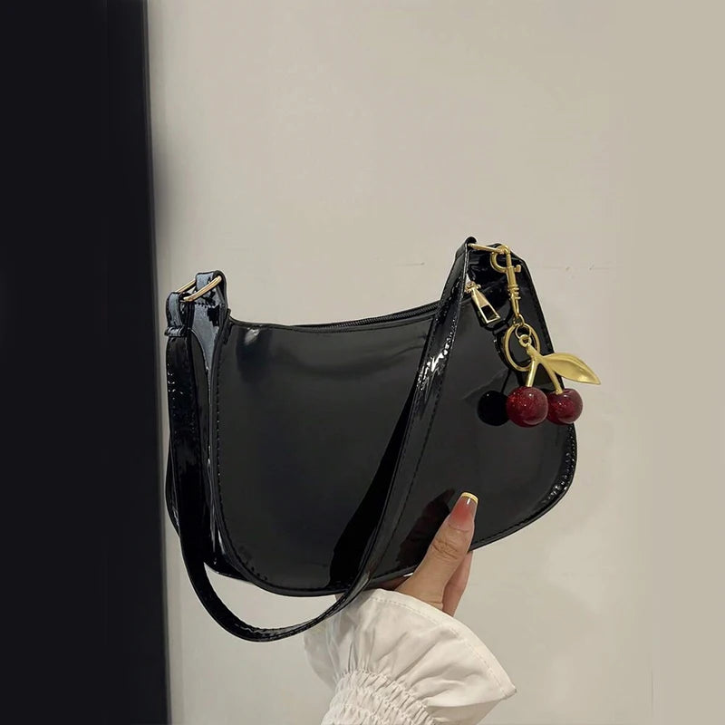 Women's PU Leather Handbag Versatile Fashion Solid Color Cherry