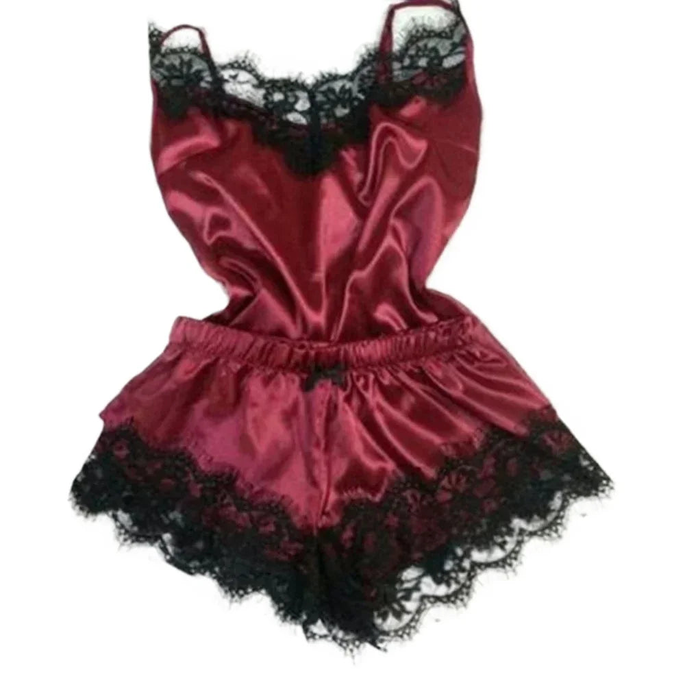 Summer Lace Silk Pajama Set for Women Sleepwear Sexy Lingerie Cami Top