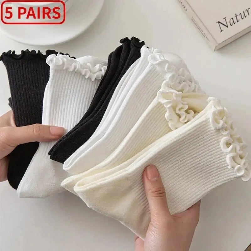5 Pairs /Lot Socks for Women Ruffle Middle Tube Ankle Short Breathable