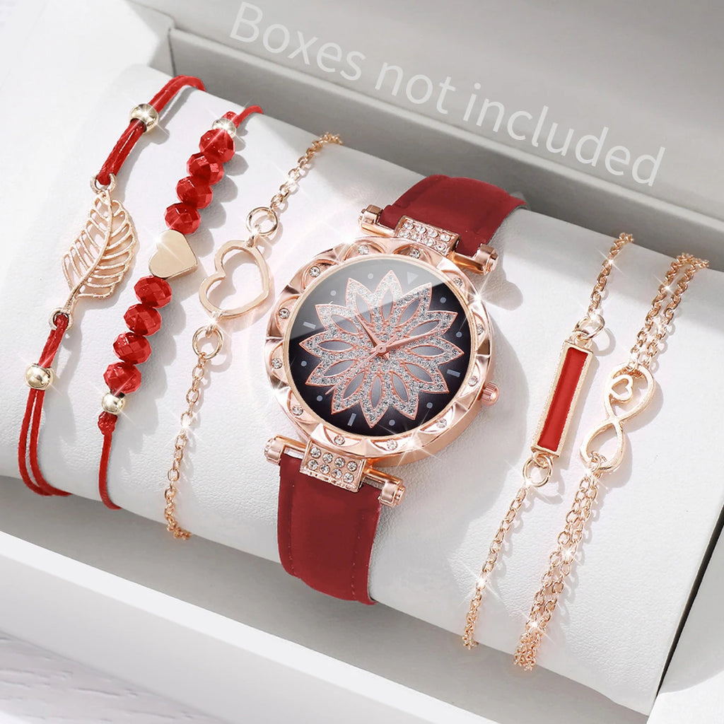 6PCS/Set Fashion Heart Dial Women's Watch Casual Leather Band Analog