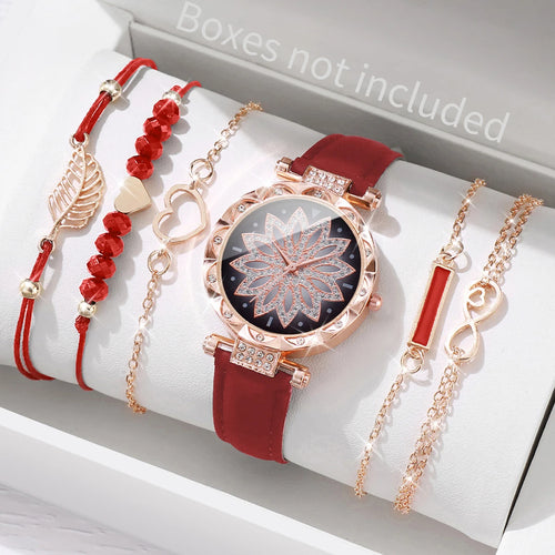6PCS/Set Fashion Heart Dial Women's Watch Casual Leather Band Analog