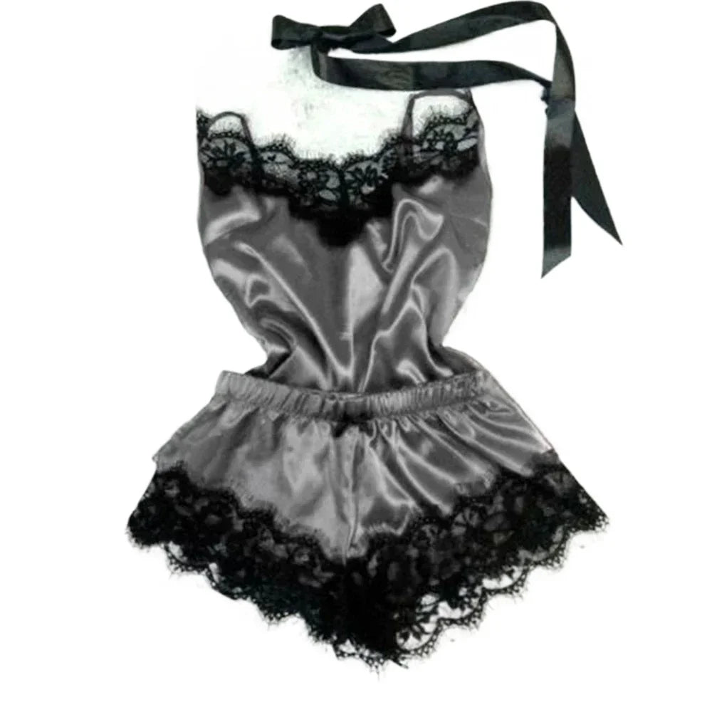 Summer Lace Silk Pajama Set for Women Sleepwear Sexy Lingerie Cami Top