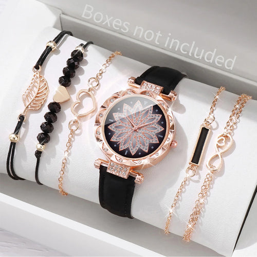 6PCS/Set Fashion Heart Dial Women's Watch Casual Leather Band Analog