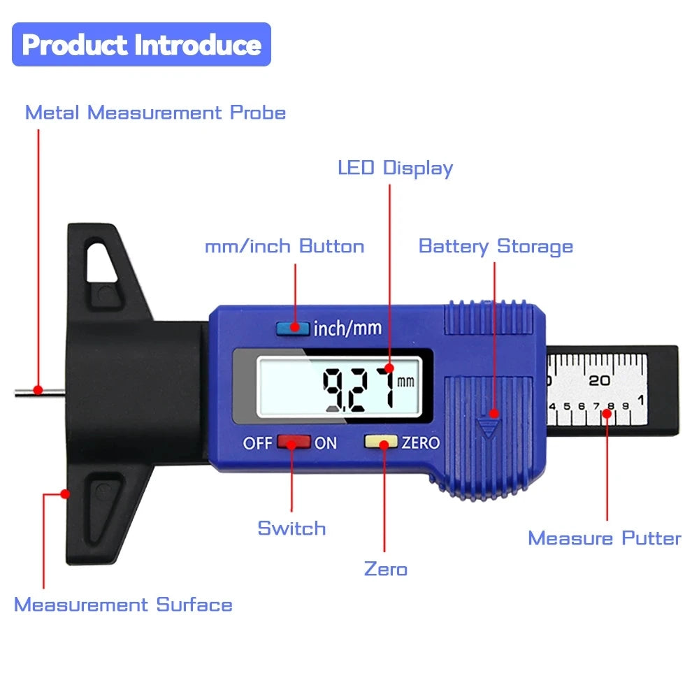 Digital Car Tyre Thickness Gauges Depth Meter For Safe Auto Tyre Tread