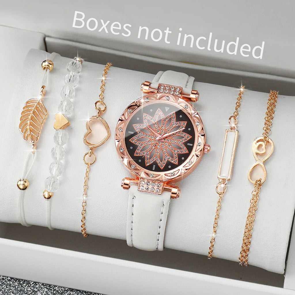 6PCS/Set Fashion Heart Dial Women's Watch Casual Leather Band Analog