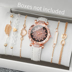 6PCS/Set Fashion Heart Dial Women's Watch Casual Leather Band Analog