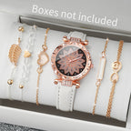 6PCS/Set Fashion Heart Dial Women's Watch Casual Leather Band Analog