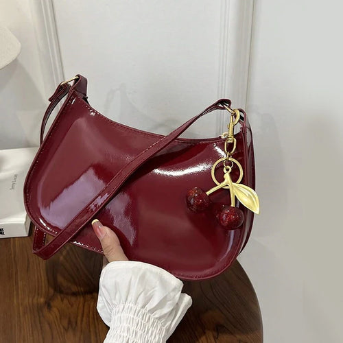 Women's PU Leather Handbag Versatile Fashion Solid Color Cherry