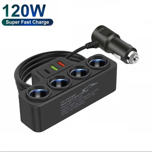 3 in 1 USB Type C Socket 120W Car Cigarette Lighter Splitter 12V 24V