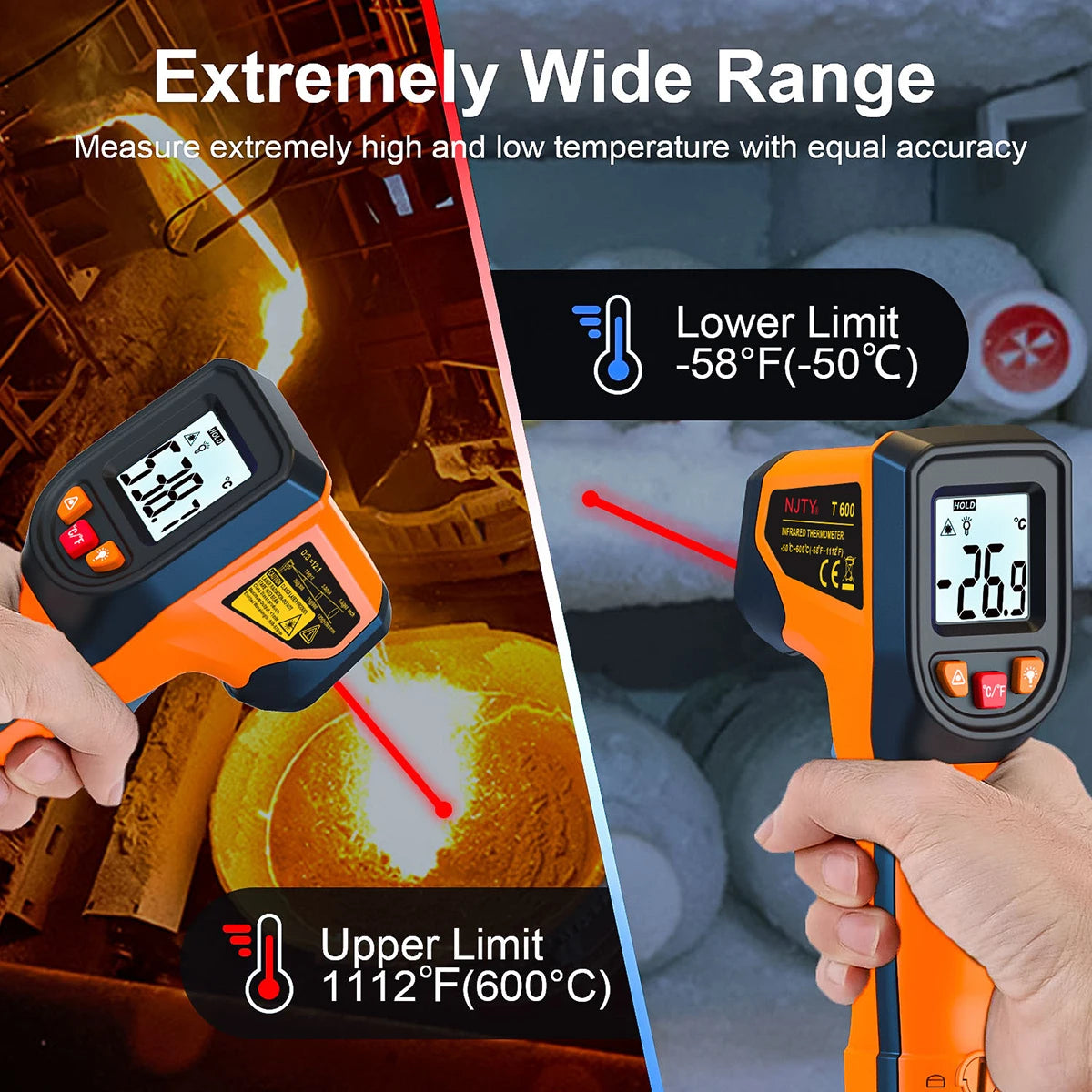 NJTY T600 T600A Digital Infrared Thermometer Gun -58°F to 1112°F (-50℃