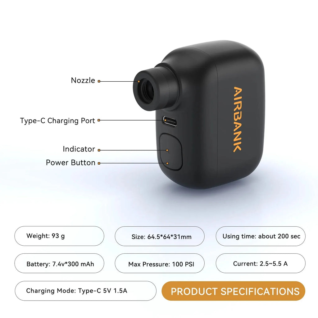Mini Portable Bicycle Pump Rechargeable Air Inflator 100PSI 5V Type-C