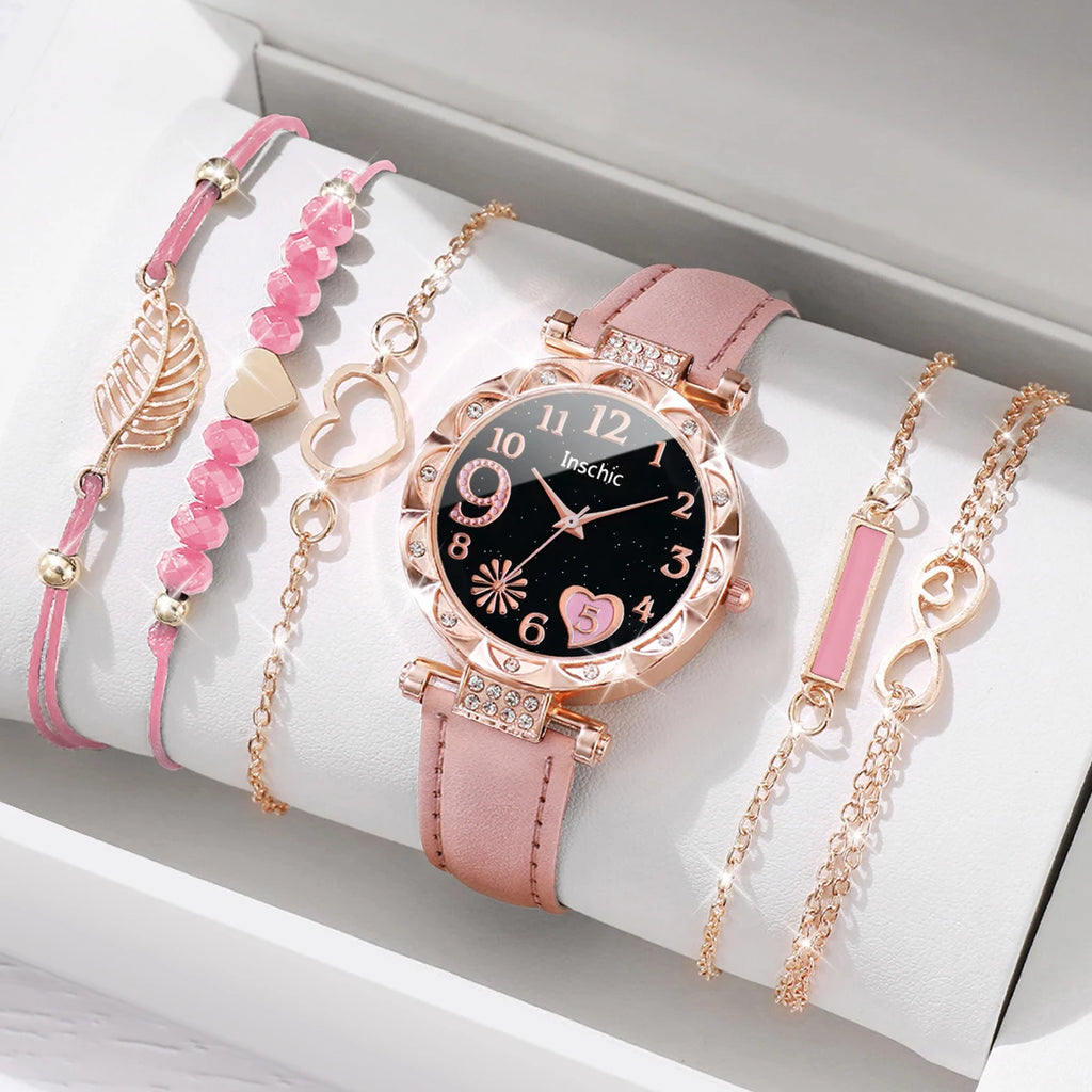 6PCS/Set Fashion Heart Dial Women's Watch Casual Leather Band Analog