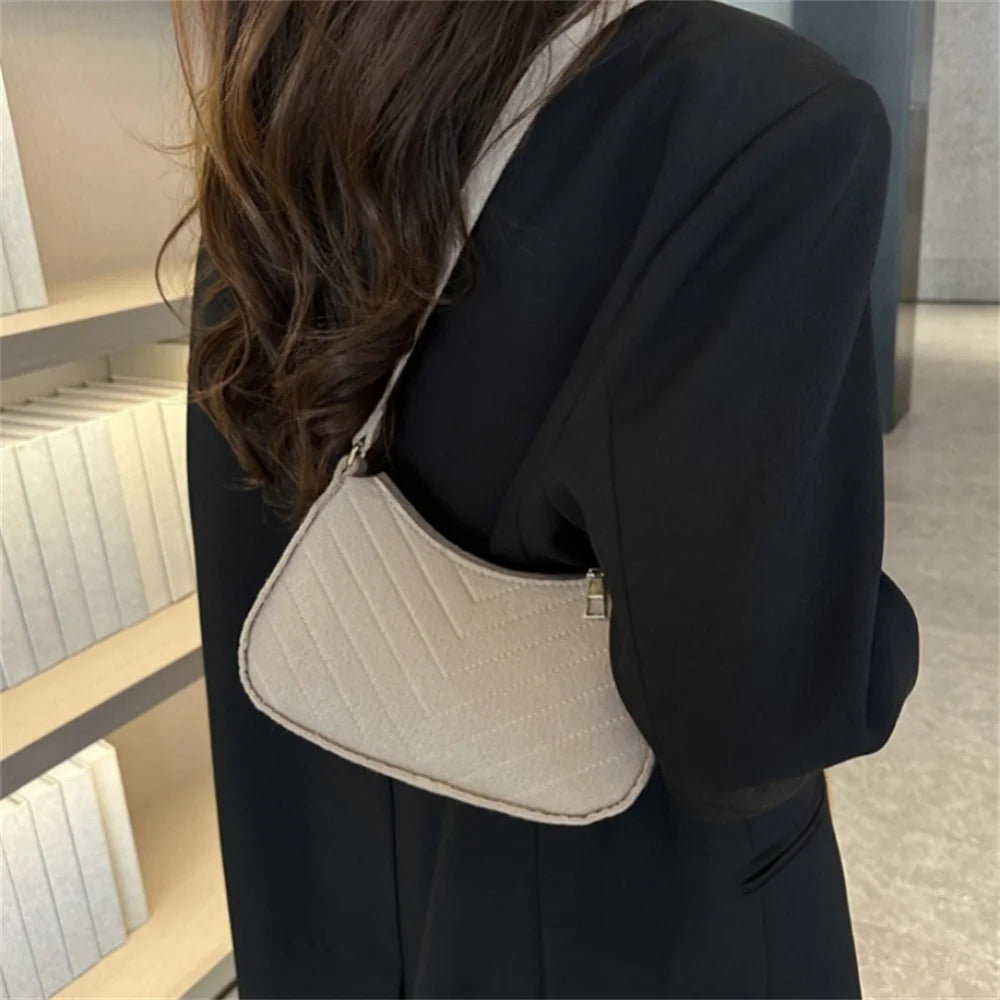 New Brand Women Retro Underarm Bag Felt Solid Color Shoulder Bag