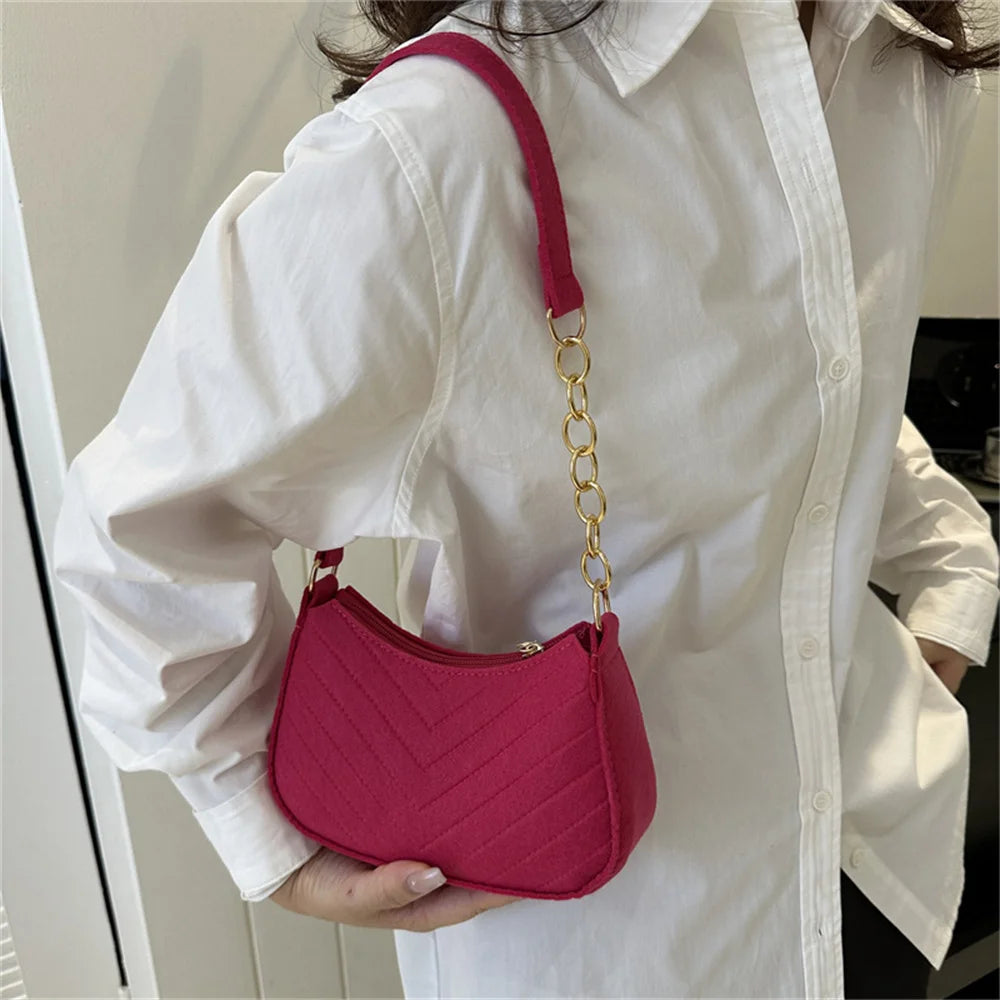 New Brand Women Retro Underarm Bag Felt Solid Color Shoulder Bag