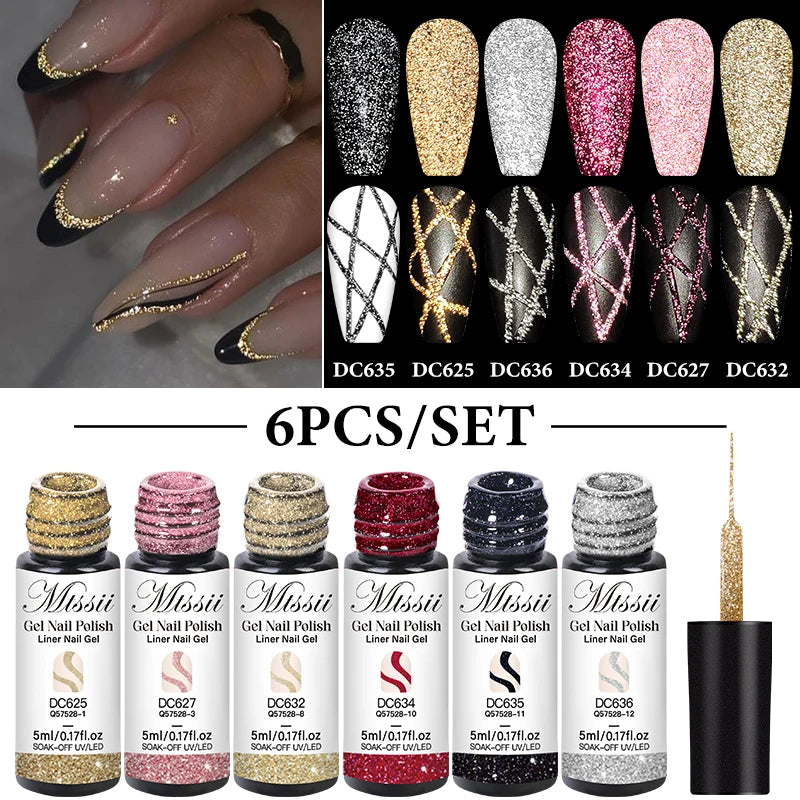 2/4/6pcs Reflective Glitter Liner Gel Nail Polish Set Pull Line