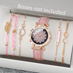 6PCS/Set Fashion Heart Dial Women's Watch Casual Leather Band Analog