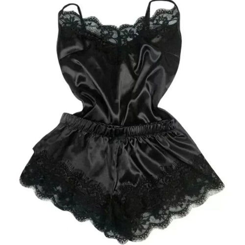 Summer Lace Silk Pajama Set for Women Sleepwear Sexy Lingerie Cami Top
