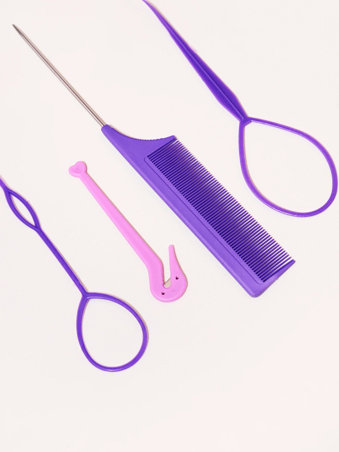 4-piece set, hair ring tool, rubber band cutter, mouse tail comb, hair