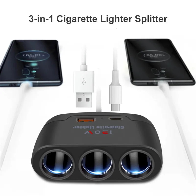 3 in 1 USB Type C Socket 120W Car Cigarette Lighter Splitter 12V 24V