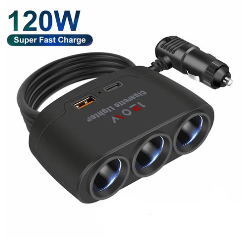 3 in 1 USB Type C Socket 120W Car Cigarette Lighter Splitter 12V 24V
