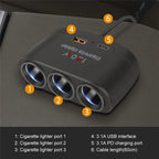 3 in 1 USB Type C Socket 120W Car Cigarette Lighter Splitter 12V 24V