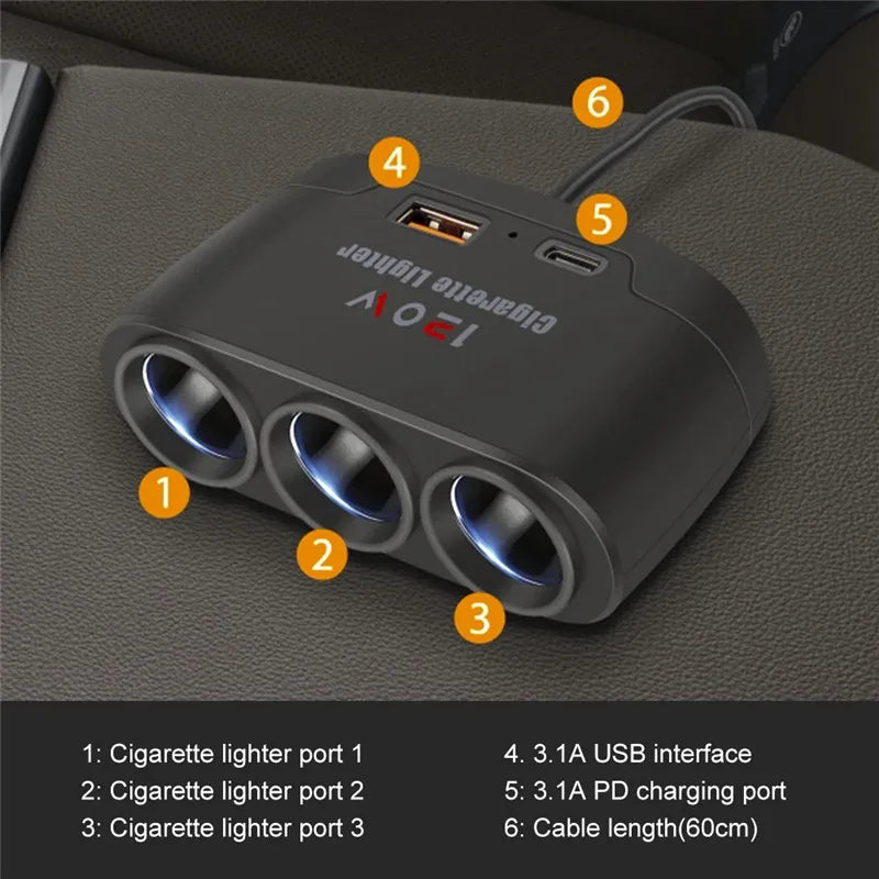 3 in 1 USB Type C Socket 120W Car Cigarette Lighter Splitter 12V 24V
