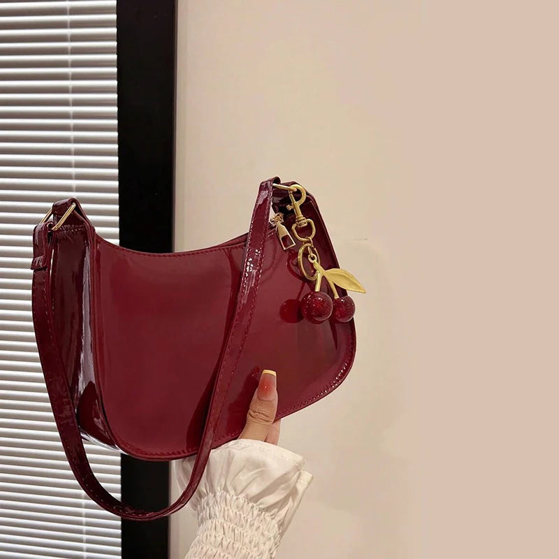 Solid Color PU Leather Women Shoulder Bags Fashion Ladies Cherry
