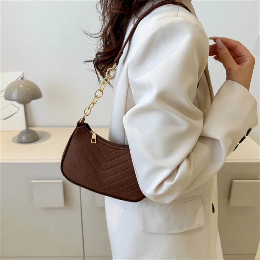 New Brand Women Retro Underarm Bag Felt Solid Color Shoulder Bag