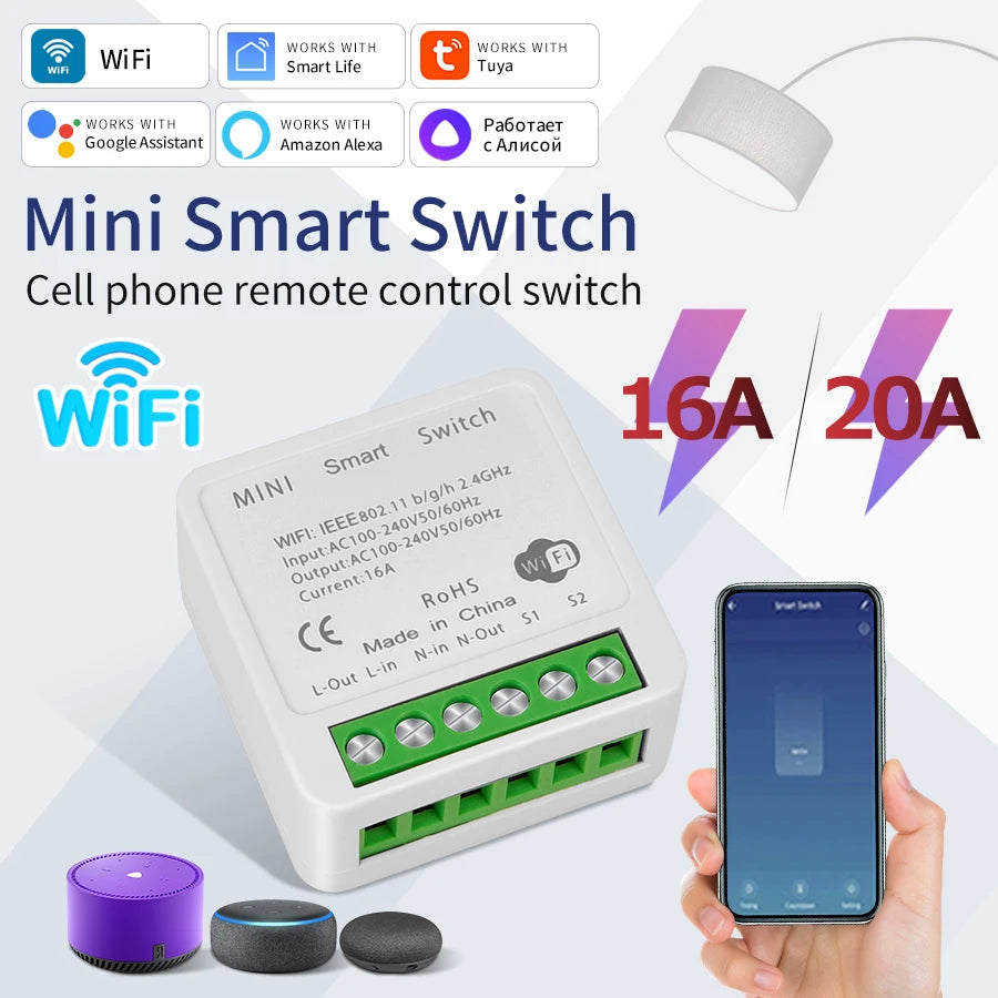 16A 20A Tuya WiFi Smart Switch 2-way Control Mini Smart Breaker Work