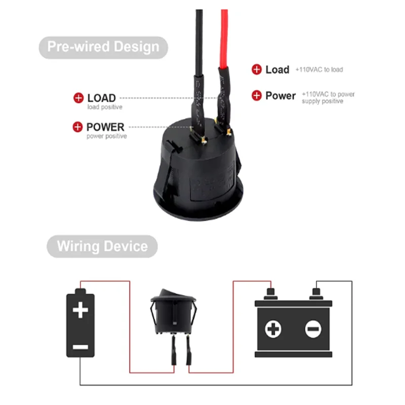 12V Round Rocker Switch AC 6A/250V 10A/125V SPST 2 Pin 2 Position