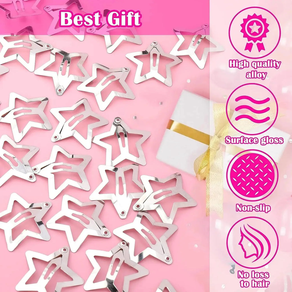 10/25/50/100/200pcs Y2K Silver Star Hair Clips for Girls Metal Snap