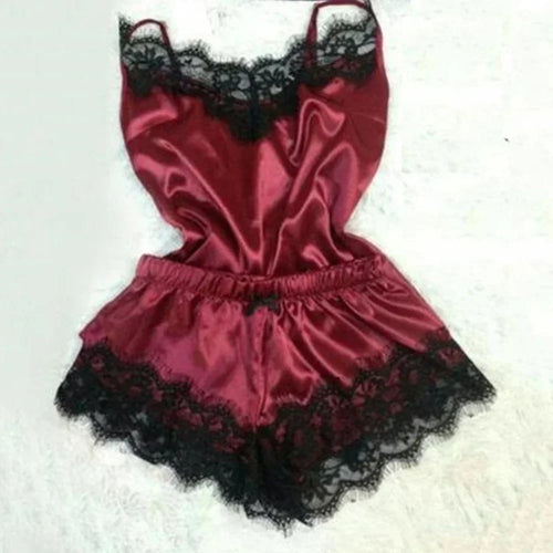 Summer Lace Silk Pajama Set for Women Sleepwear Sexy Lingerie Cami Top