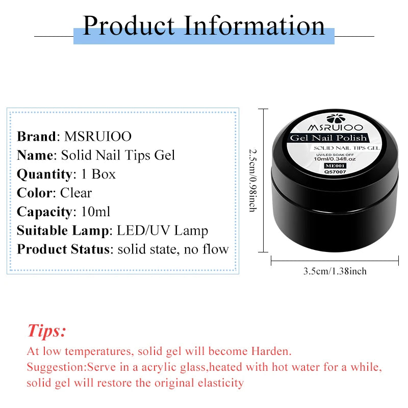 MSRUIOO 10ml Clear Solid Nail Tips Gel Long Lasting Bubble-free UV/LED