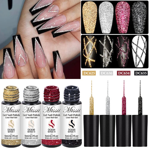 2/4/6pcs Reflective Glitter Liner Gel Nail Polish Set Pull Line