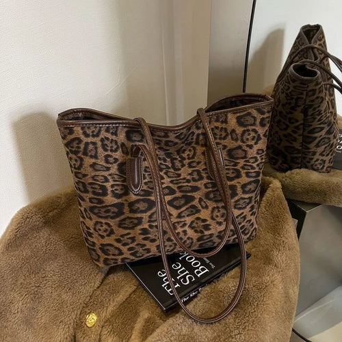 Retro Leopard Print Tote Bag Large Capacity Casual Versatile Commuter
