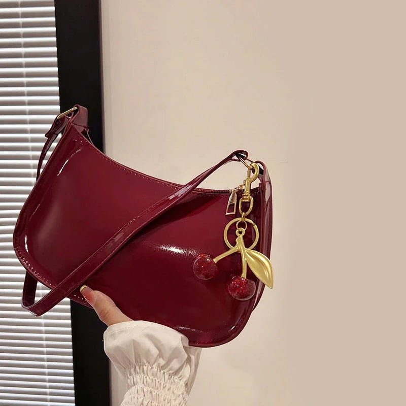 Women's PU Leather Handbag Versatile Fashion Solid Color Cherry