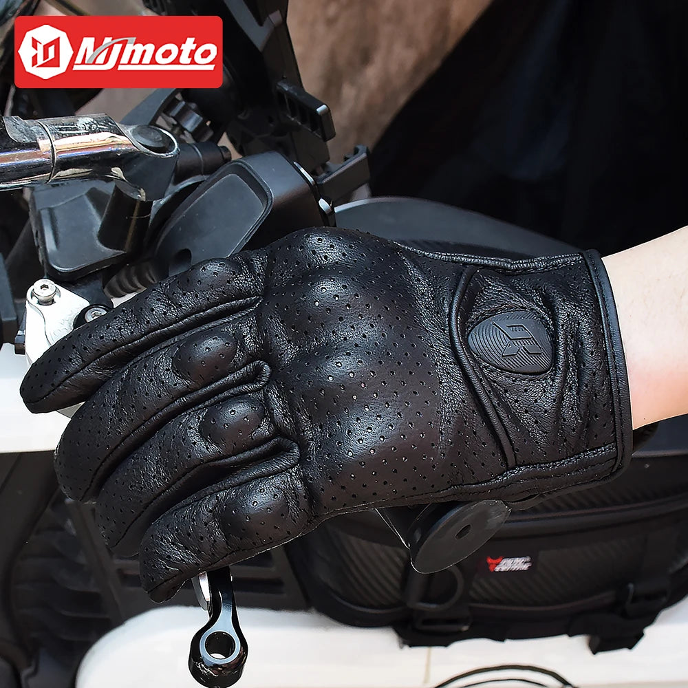 Vintage Black Leather Motorcycle Gloves Summer Men Motorbike Racing