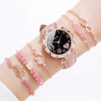 6PCS/Set Fashion Heart Dial Women's Watch Casual Leather Band Analog
