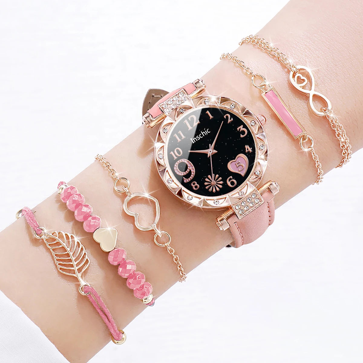 6PCS/Set Fashion Heart Dial Women's Watch Casual Leather Band Analog