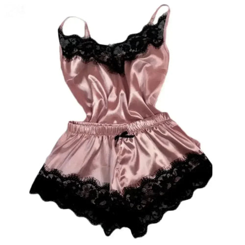 Summer Lace Silk Pajama Set for Women Sleepwear Sexy Lingerie Cami Top