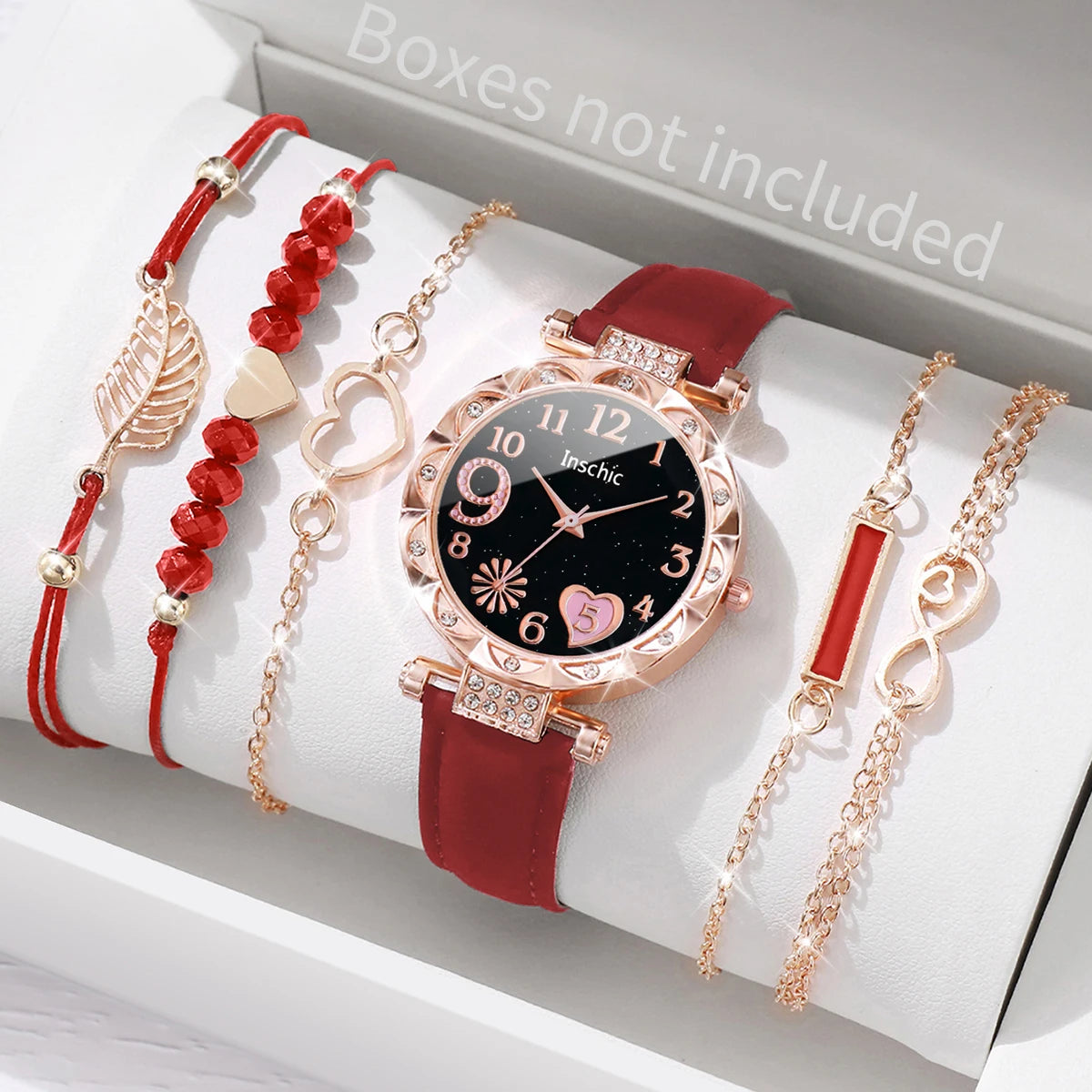 6PCS/Set Fashion Heart Dial Women's Watch Casual Leather Band Analog