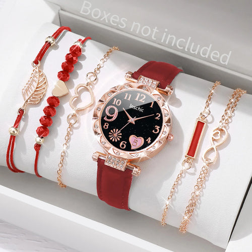 6PCS/Set Fashion Heart Dial Women's Watch Casual Leather Band Analog