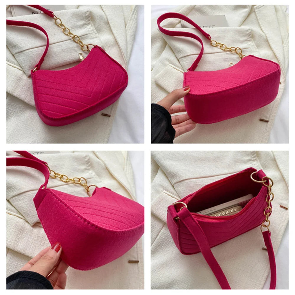 New Brand Women Retro Underarm Bag Felt Solid Color Shoulder Bag