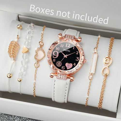 6PCS/Set Fashion Heart Dial Women's Watch Casual Leather Band Analog