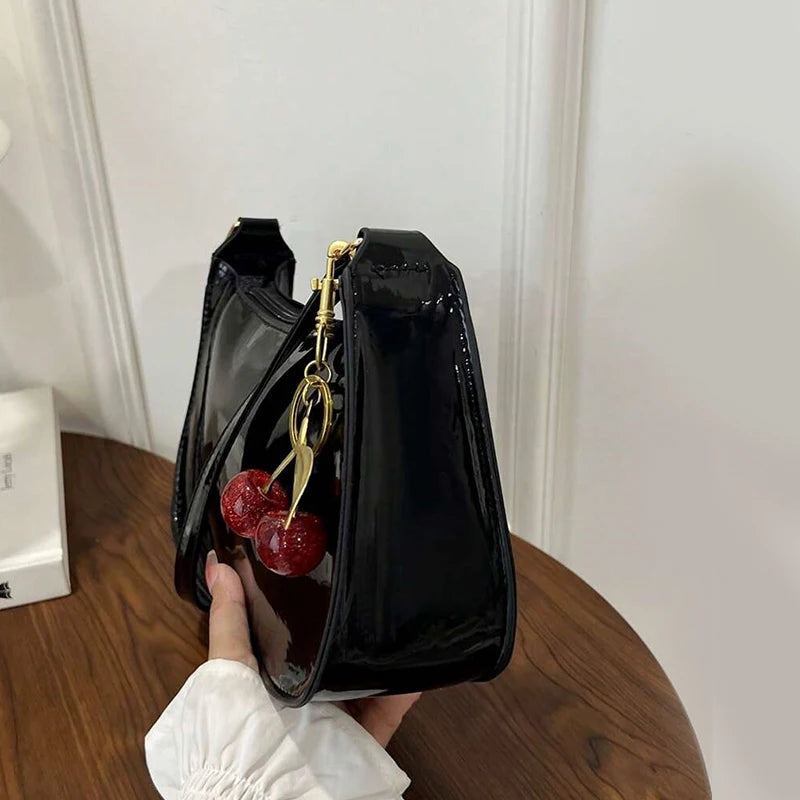 Women's PU Leather Handbag Versatile Fashion Solid Color Cherry